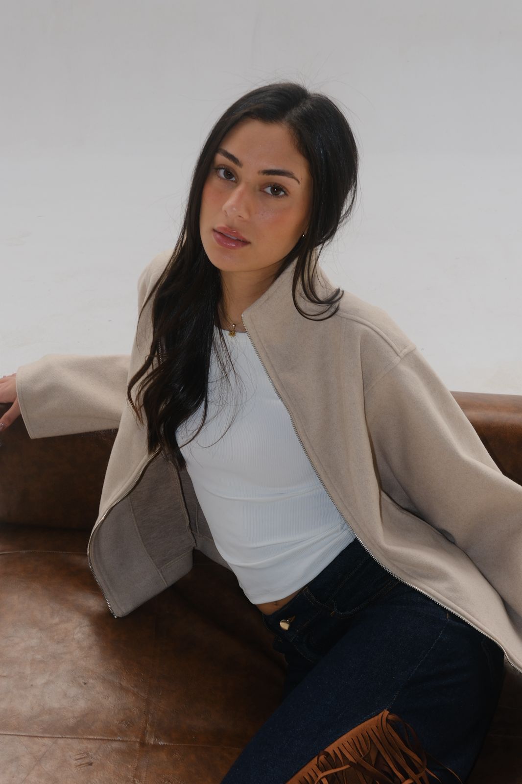 Minimal Zip-Up Jacket Beige