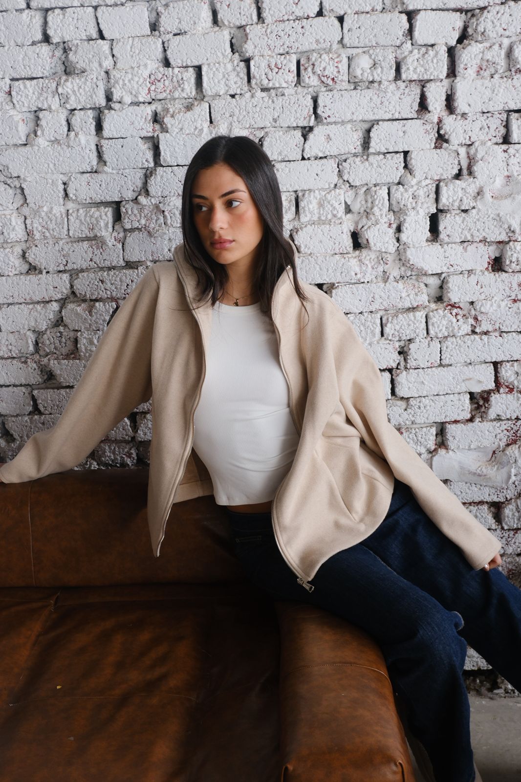 Minimal Zip-Up Jacket Beige